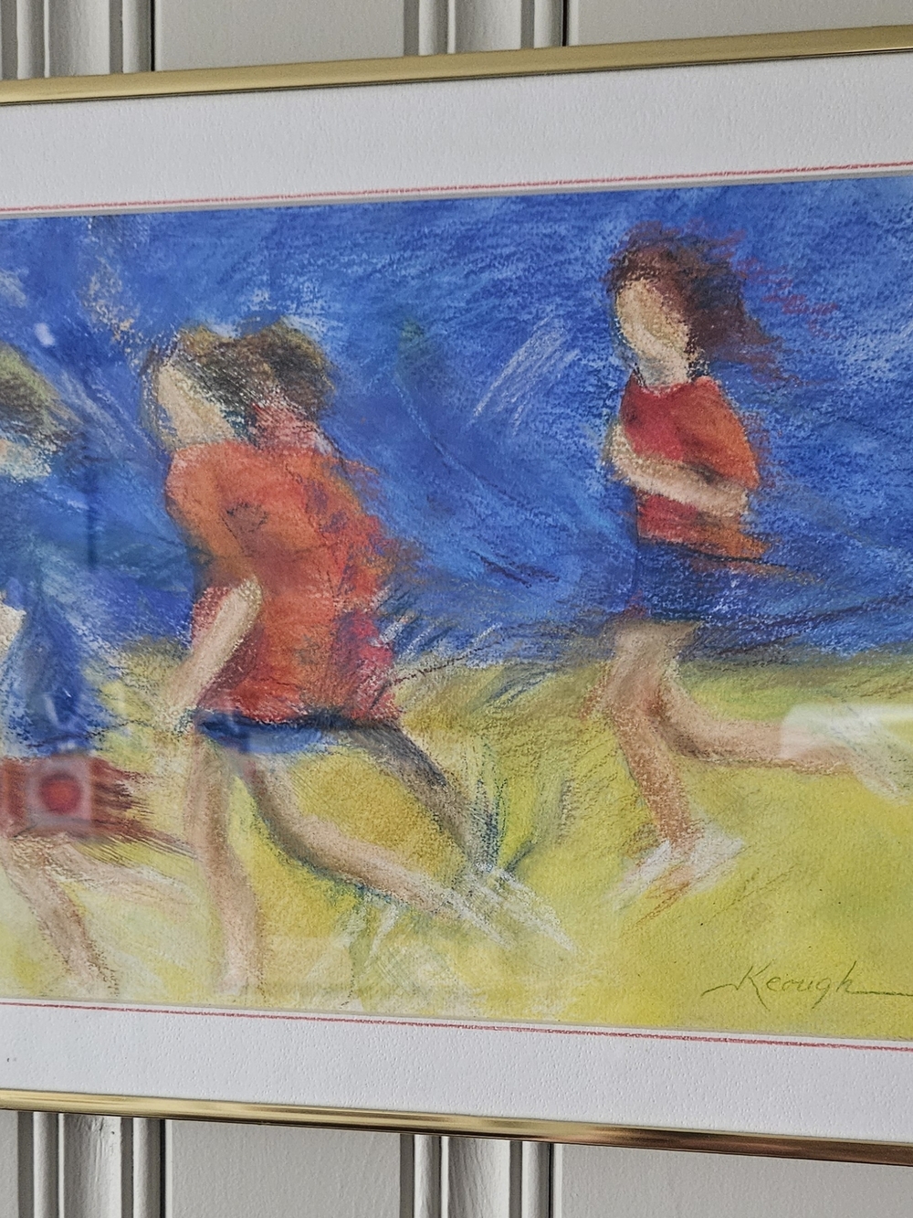 Original Pastel Artwork Print in Blue and Red – Framed Home Art Children Running - Picture 3 of 5